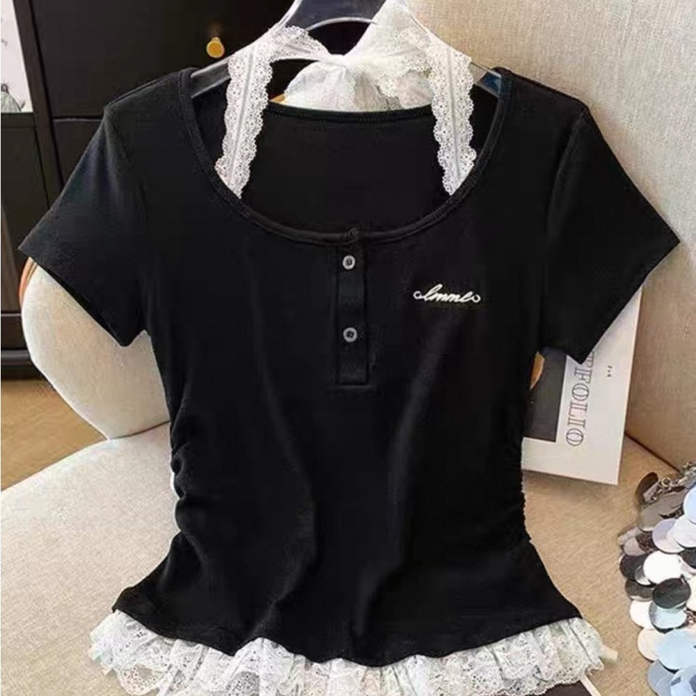 Black Fitted Tee with Ruffled Trim
